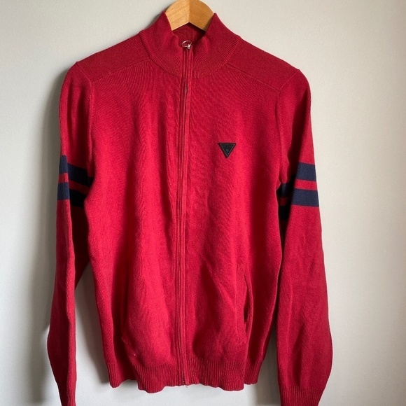 Guess Red Tag Men's Full Zip Long Sleeve Sweater Jacket Burgundy Size Medium - Picture 1 of 14